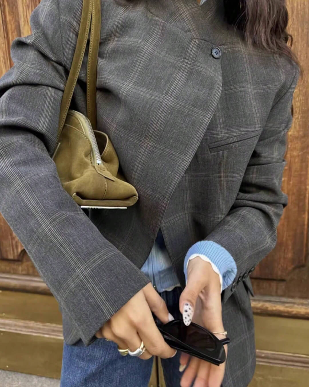 OLANE Chic Plaid Stand Collar Blazer Grey PlaidSBlazer