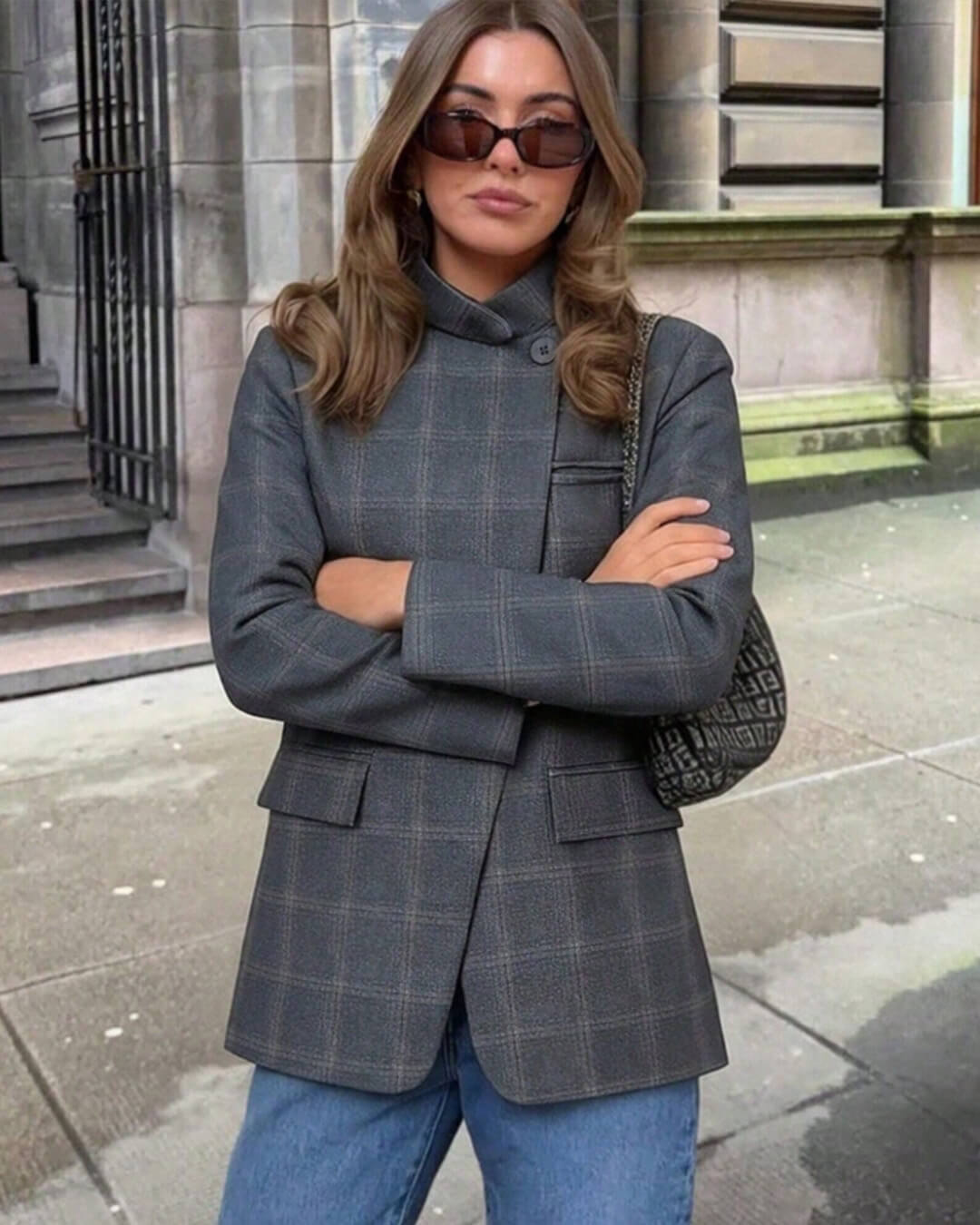 OLANE Chic Plaid Stand Collar Blazer Grey PlaidSBlazer