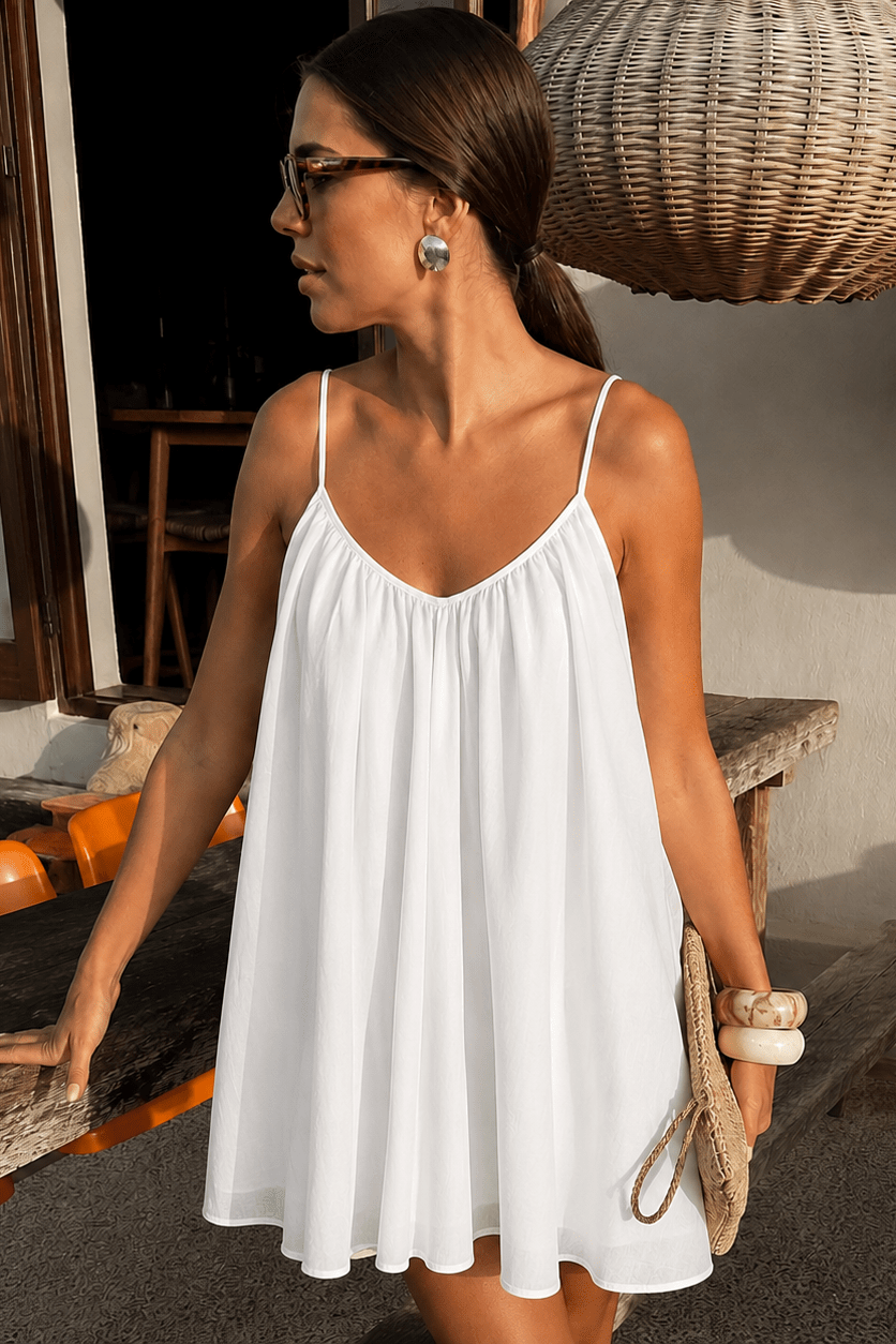 OLANE Chic Spaghetti Strap Flowy Mini Dress WhiteSWomen's Dresses