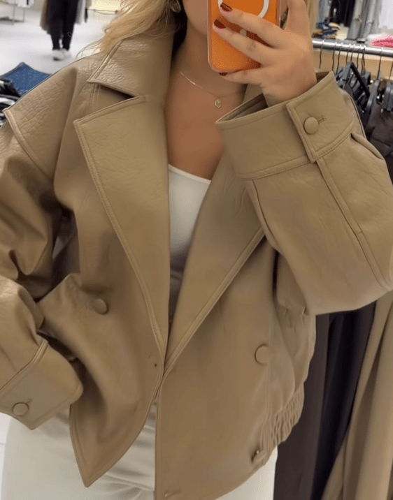 OLANE Classic Double Breasted Faux Leather Coat BeigeMCoat