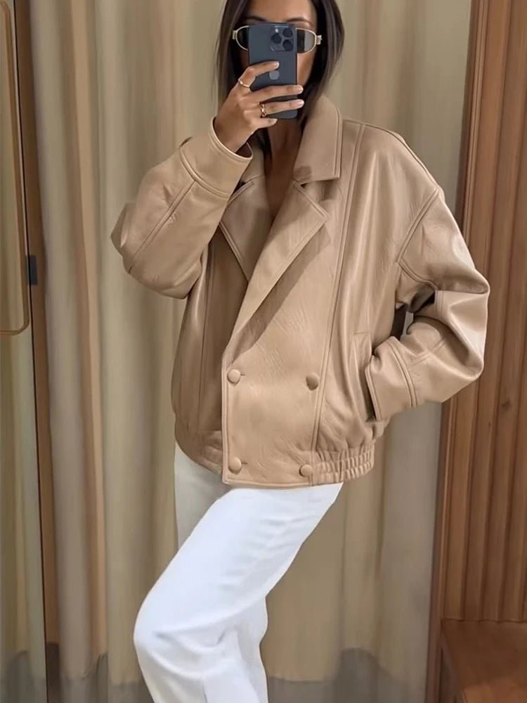 OLANE Classic Double Breasted Faux Leather Coat BeigeMCoat