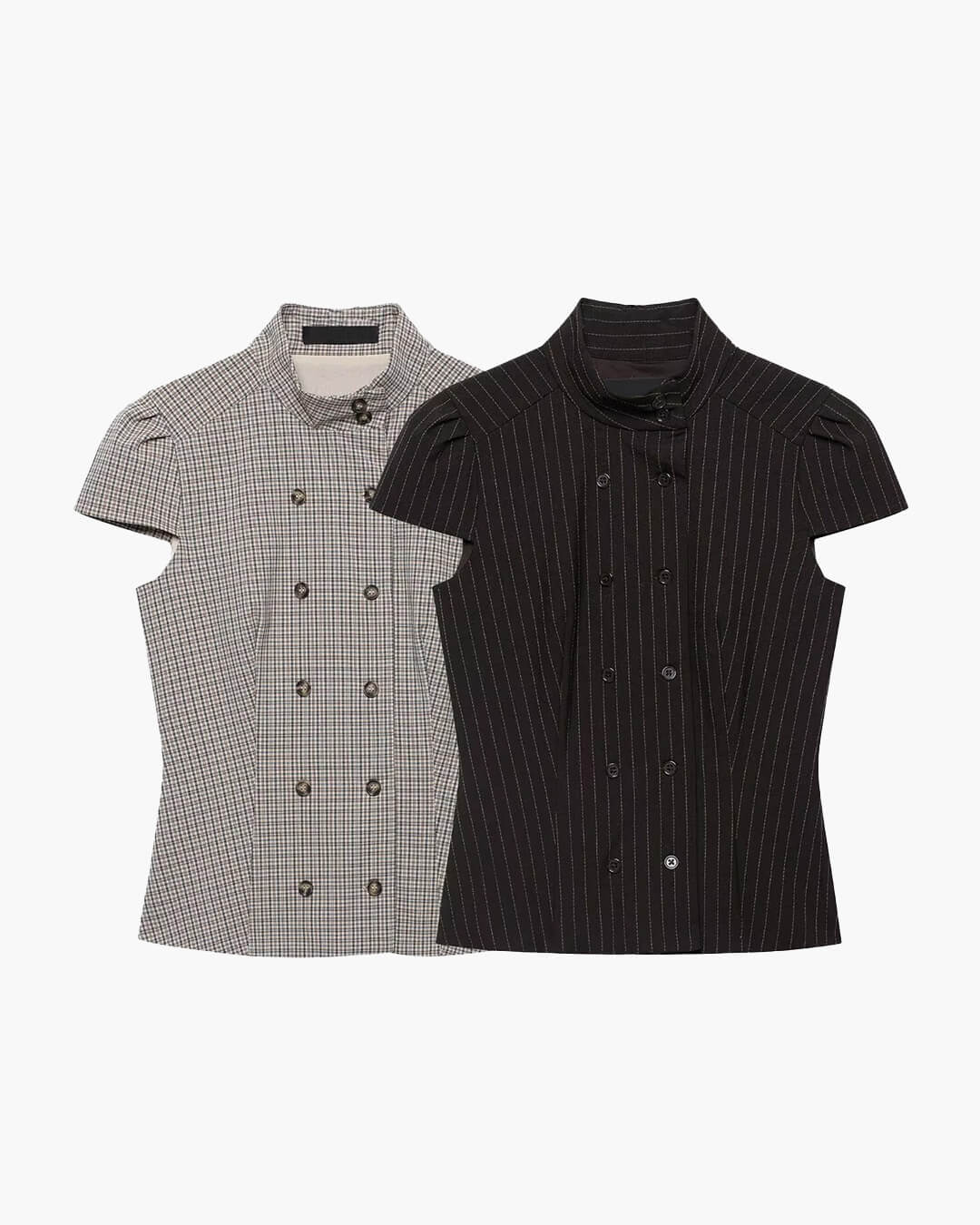 OLANE Classic Double-Breasted Plaid Blouse BlackSBlouse