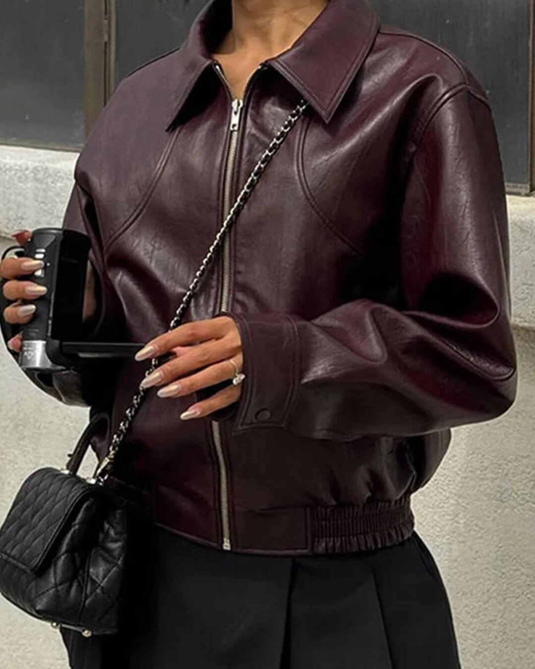 OLANE Classic Faux Leather Lapel Jacket WineLJacket