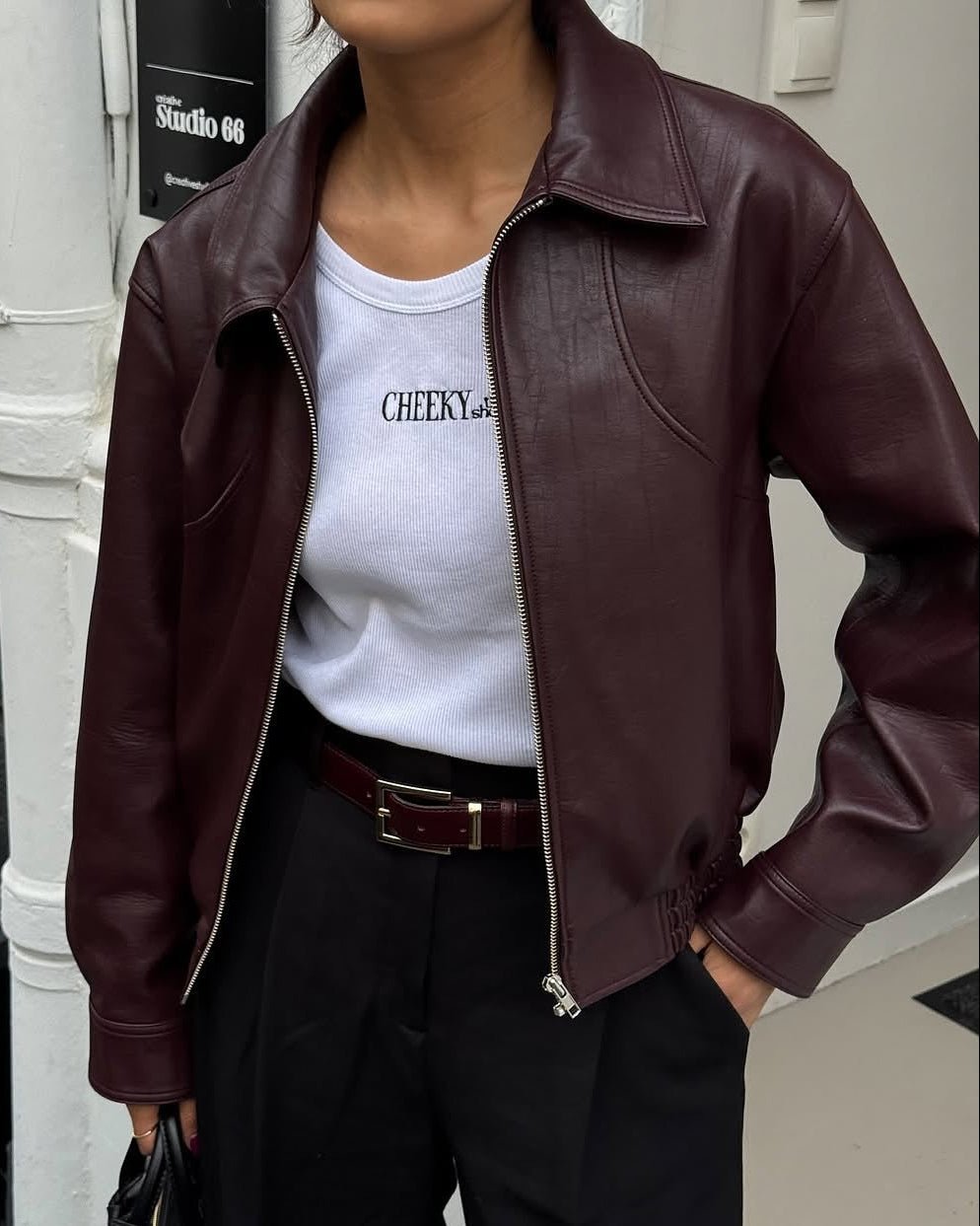 OLANE Classic Faux Leather Lapel Jacket WineMJacket