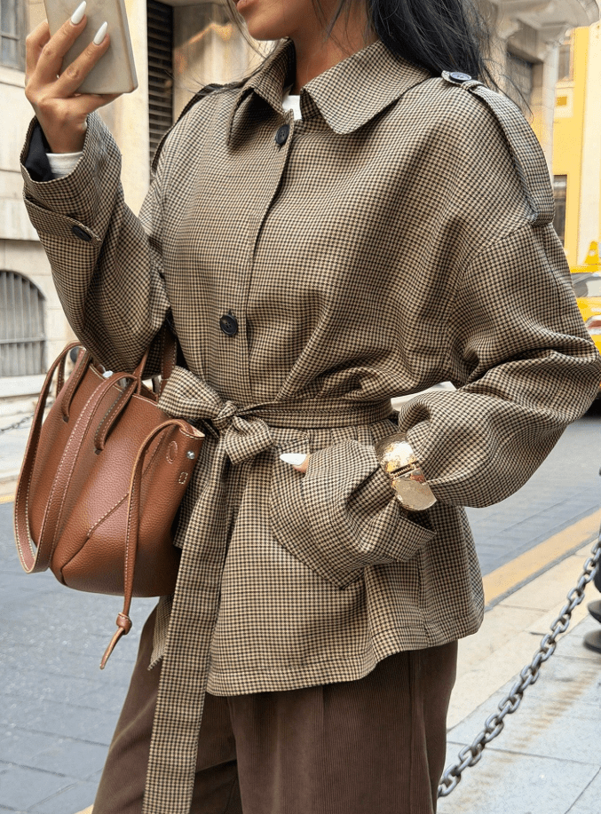 OLANE Classic Houndstooth Lace-Up Blazer BrownMJacket