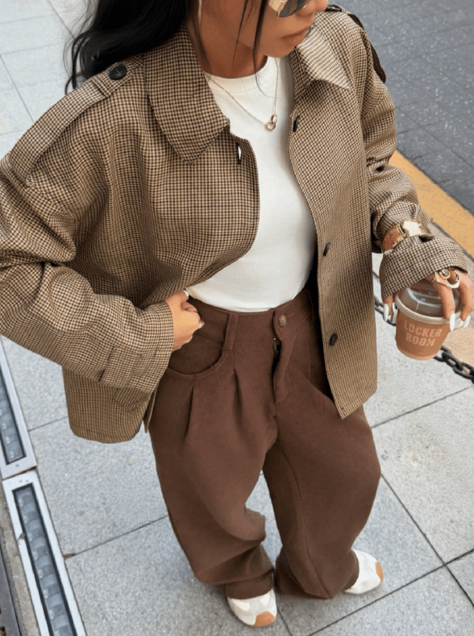 OLANE Classic Houndstooth Lace-Up Blazer BrownMJacket