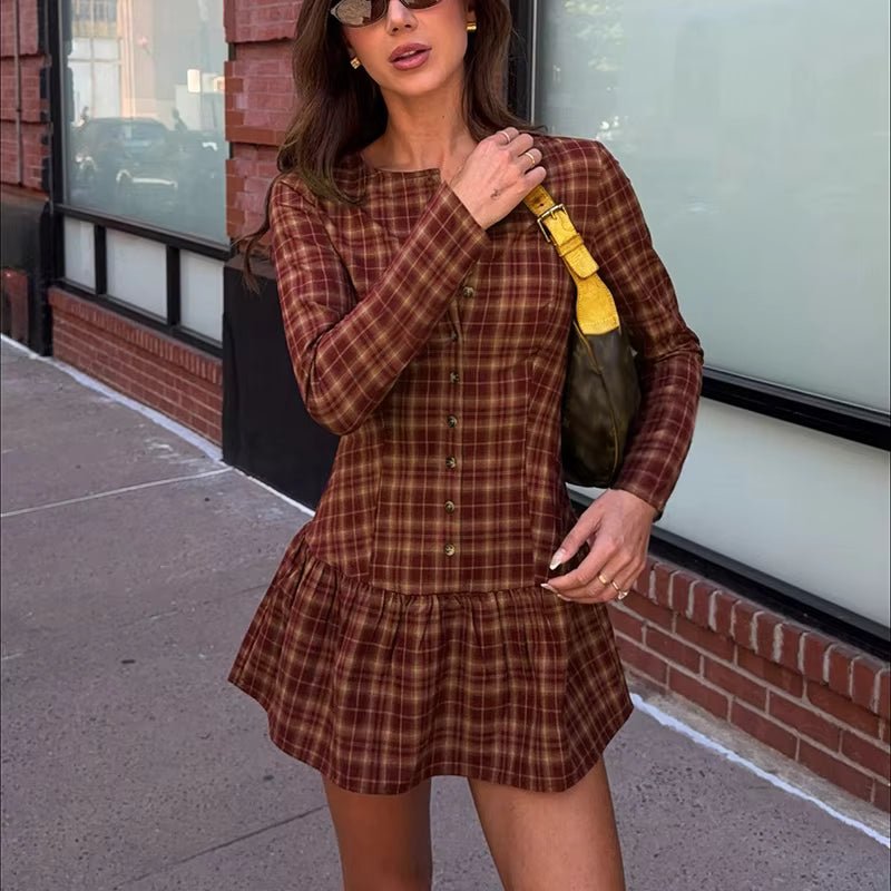OLANE Classic Long Sleeve Plaid Mini Dress BurgundyMWomen's Dresses