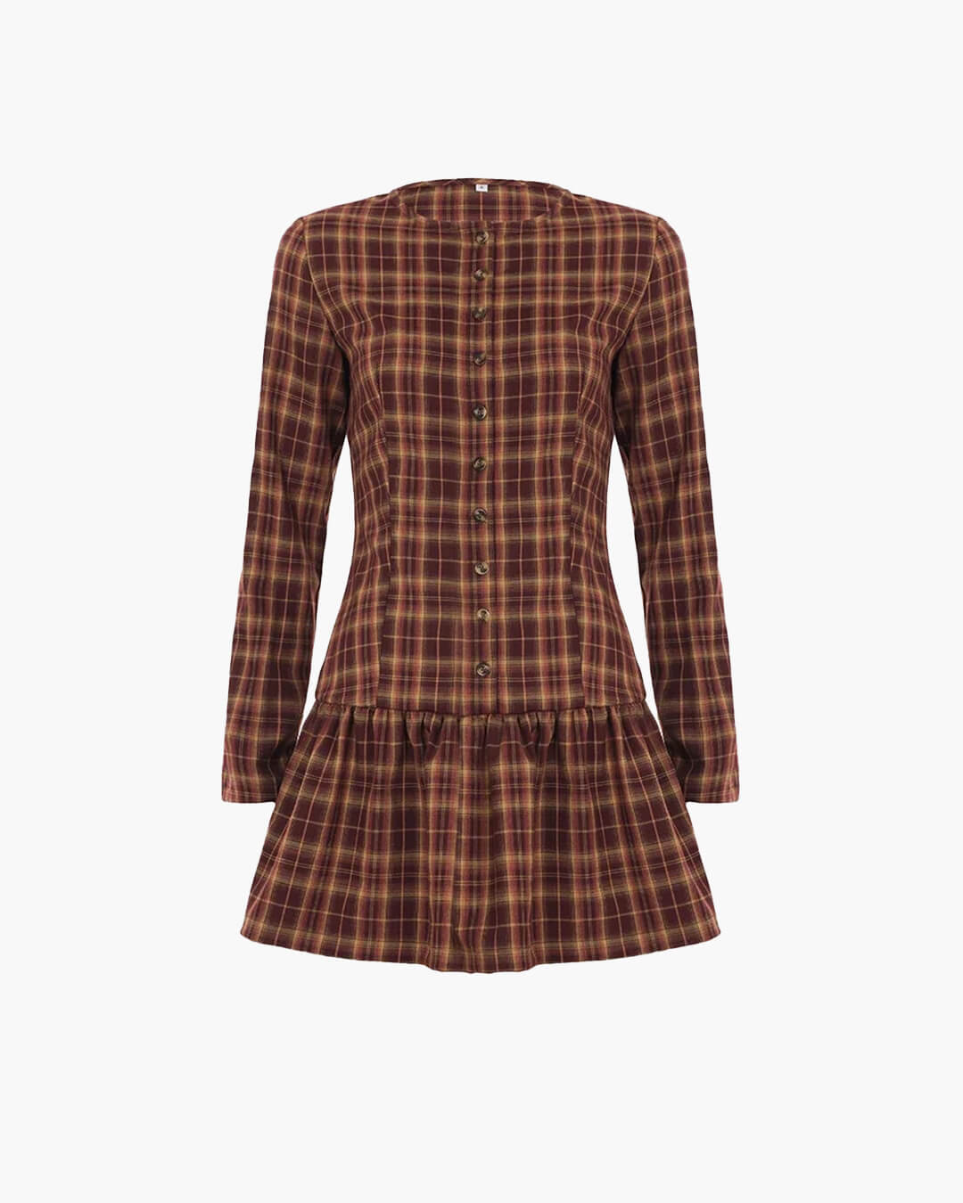 OLANE Classic Long Sleeve Plaid Mini Dress BurgundyMWomen's Dresses