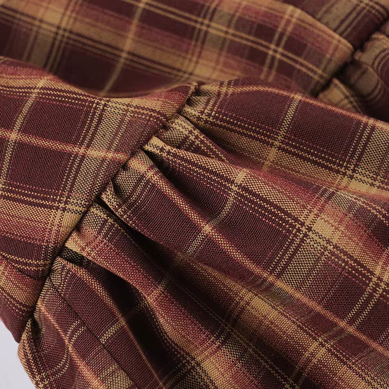 OLANE Classic Long Sleeve Plaid Mini Dress BurgundyMWomen's Dresses