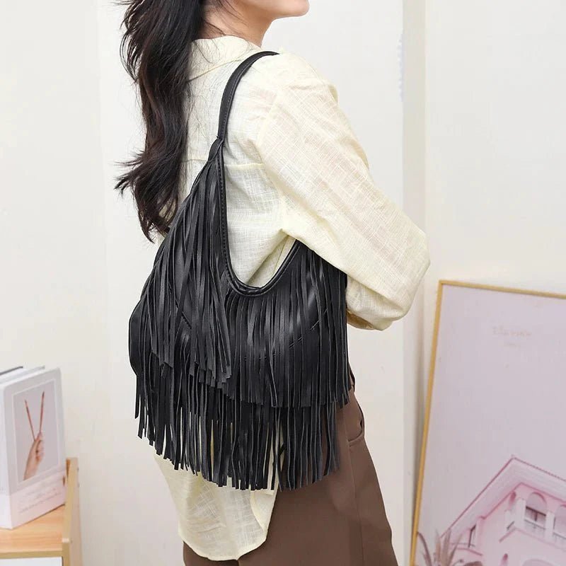 OLANE Classic Open Top Tasseled Hobo Bag BlackBag