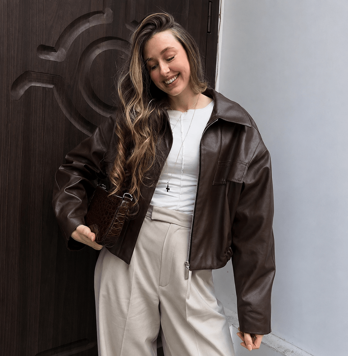 OLANE Classic Vintage Faux Leather Jacket BrownLWomen's Coats & Jackets
