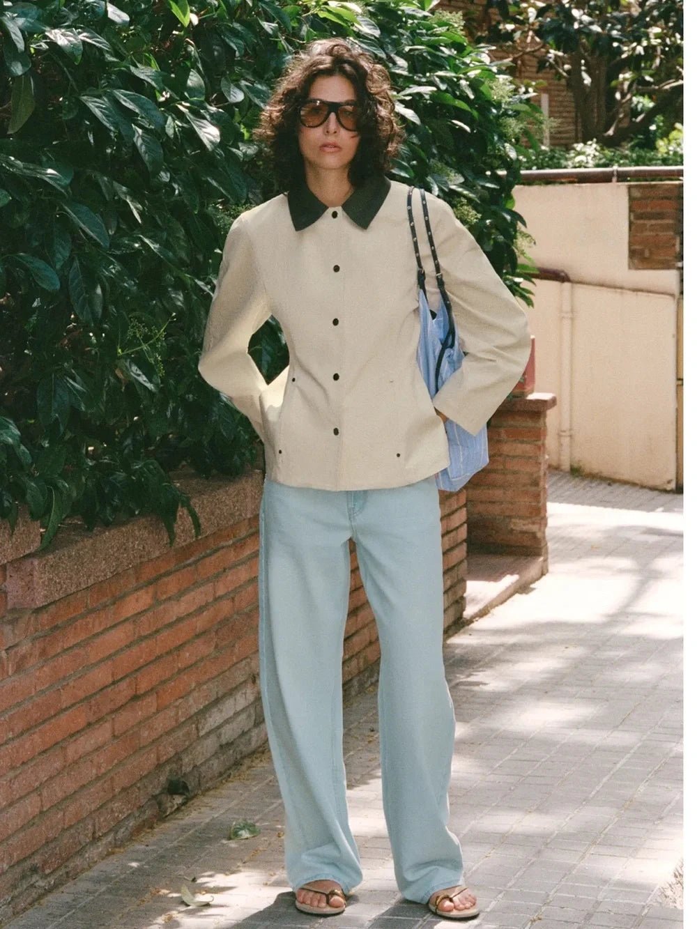 OLANE Contrast Collar Peplum Jacket BeigeSWomen's Coats & Jackets