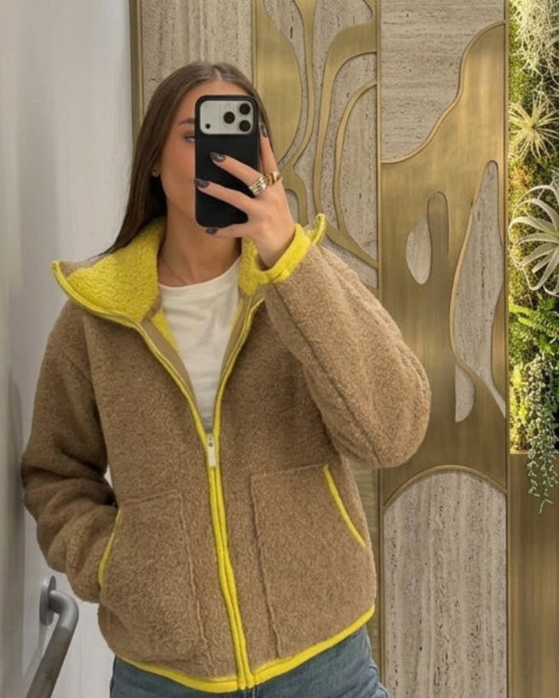 OLANE Contrast Trim Knit Zip Up Cardigan LCardigan