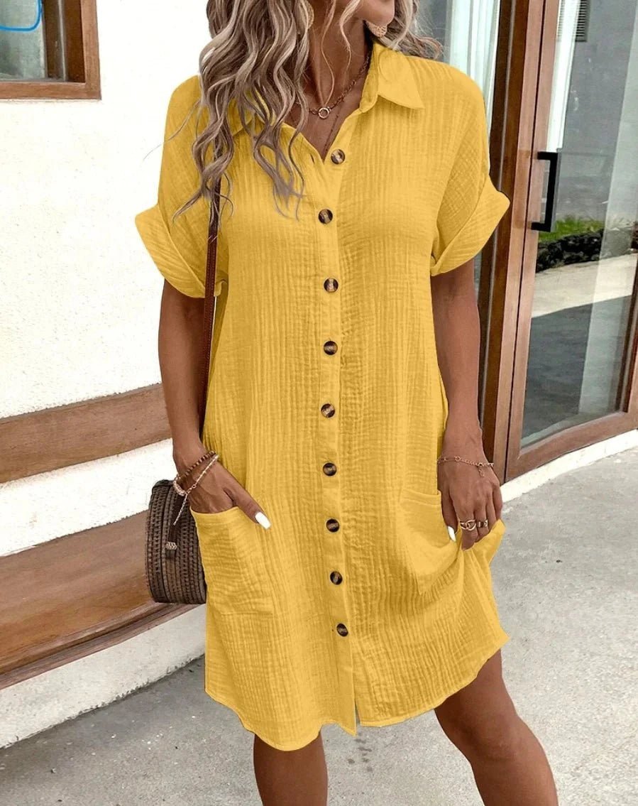 OLANE Cotton Linen V-Neck Mini Dress GreenSWomen's Dresses