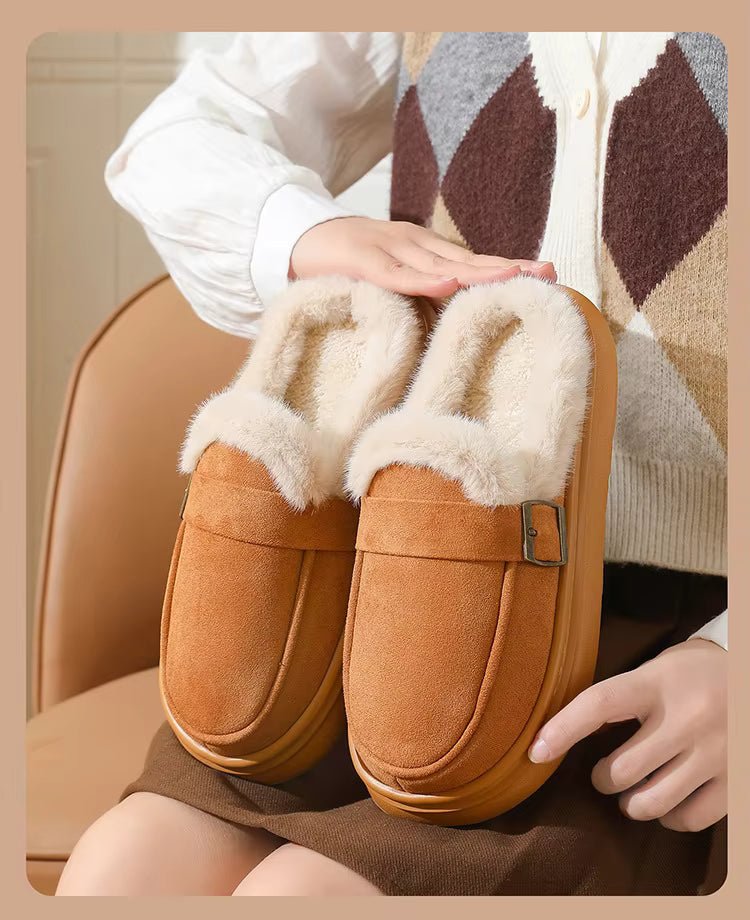 OLANE Cozy Fur-Lined Mule Platform Slippers Tan36Shoes