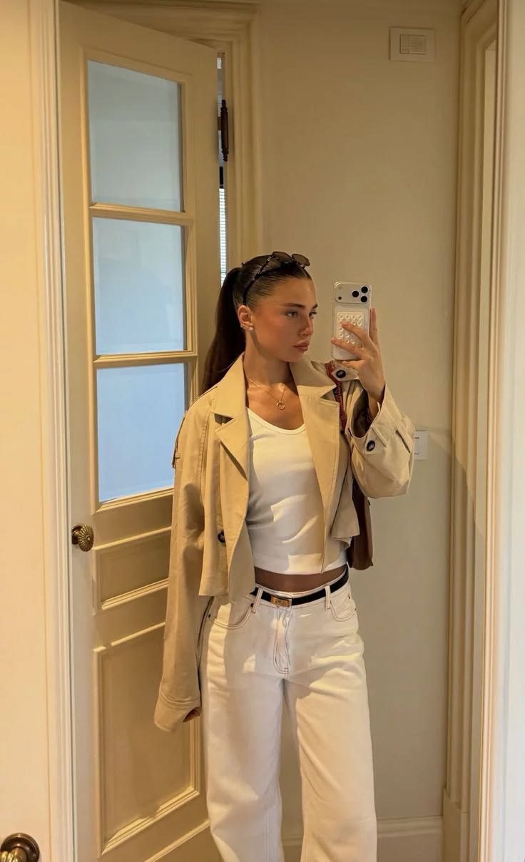 OLANE Cropped Double Breasted Trench Coat BeigeLCoat