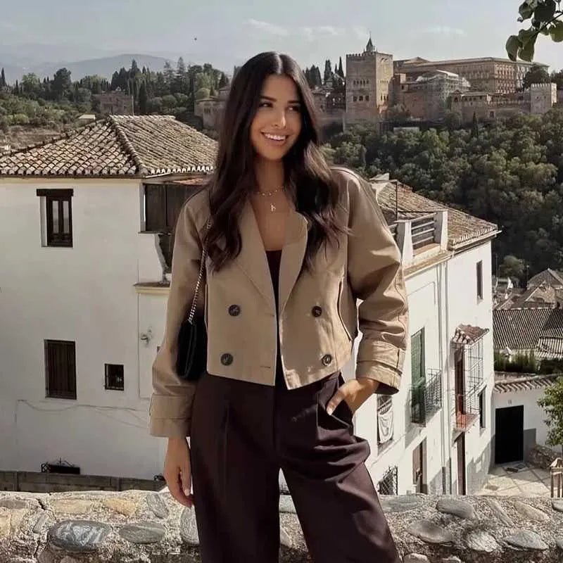 OLANE Cropped Double Breasted Trench Coat BeigeLCoat