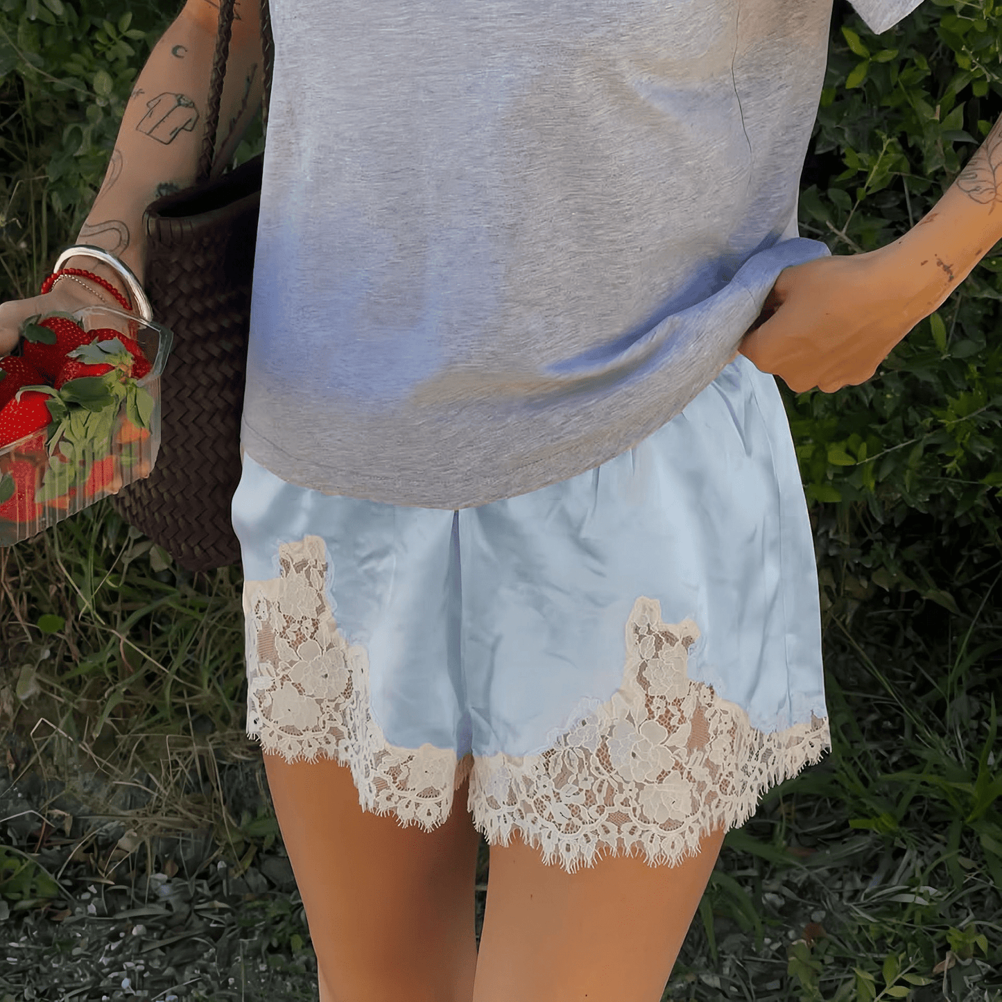 OLANE Daphne Satin Silk Lace Shorts Light BlueSWomen's Bottoms