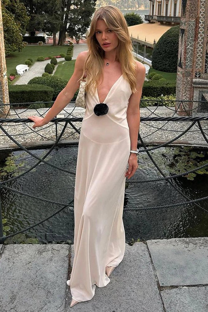 OLANE Deep V Sheer Silk Maxi Dress WhiteXSWomen’s Dresses