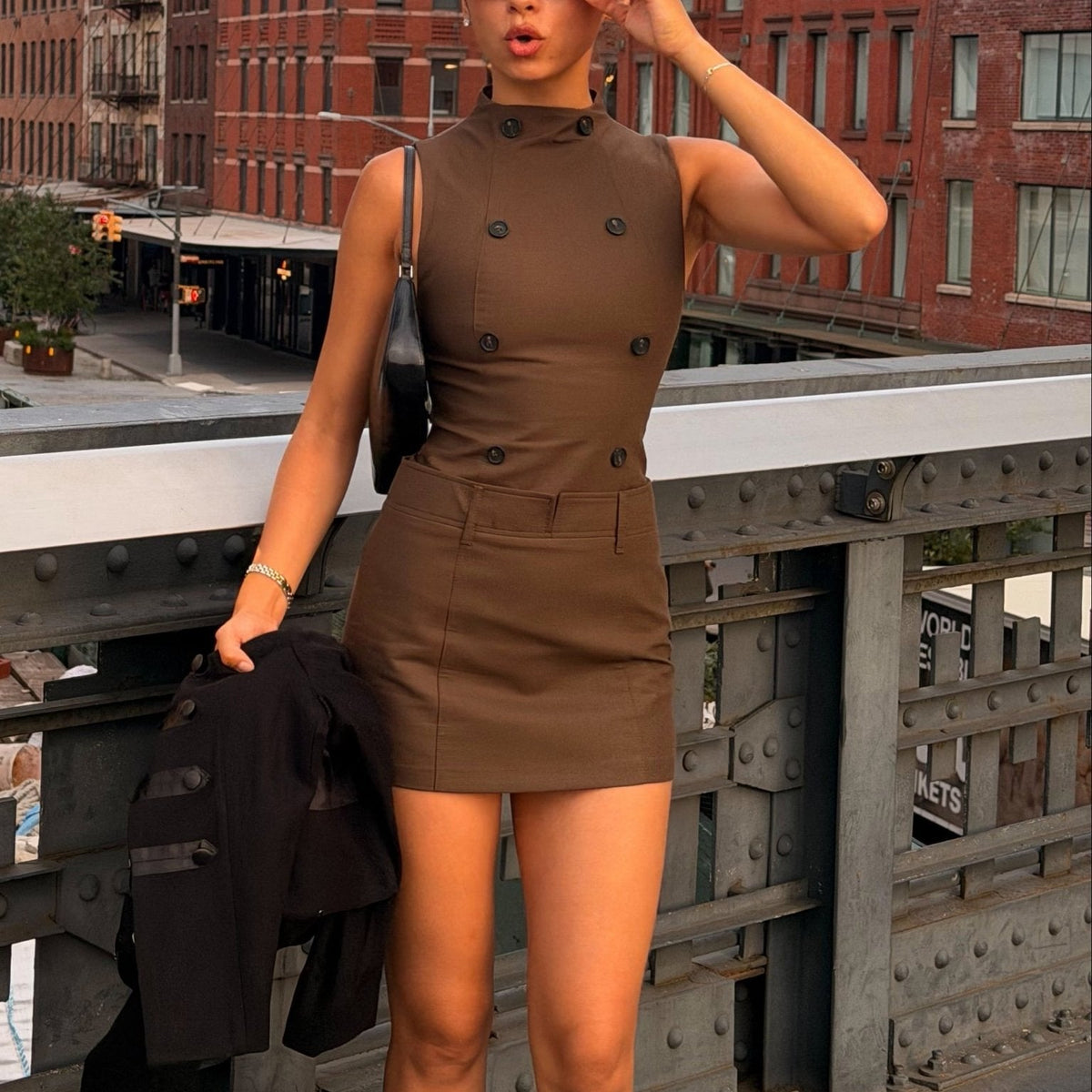 OLANE Double-Breasted Sleeveless Mini Dress BrownXSDress