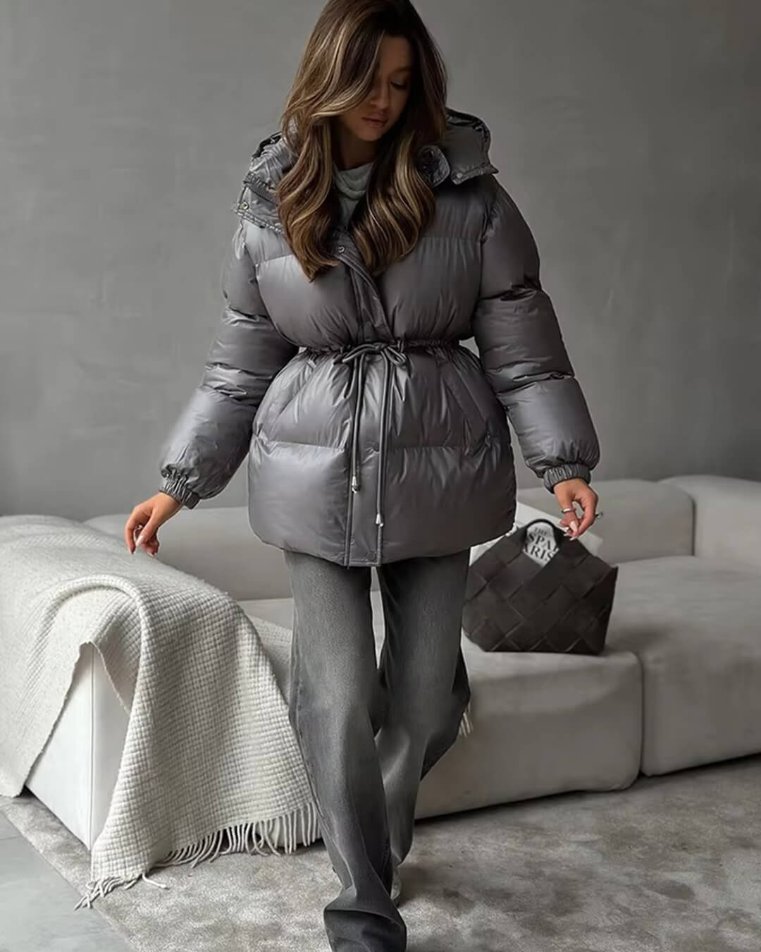 OLANE Drawstring Hooded Puffer Coat BrownLWomen's Coats & Jackets