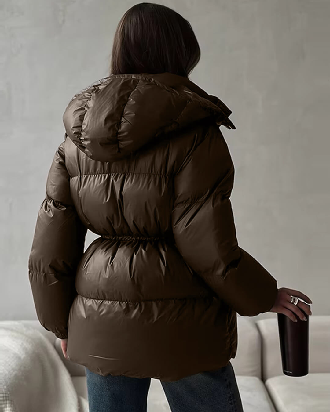 OLANE Drawstring Hooded Puffer Coat BrownMWomen's Coats & Jackets
