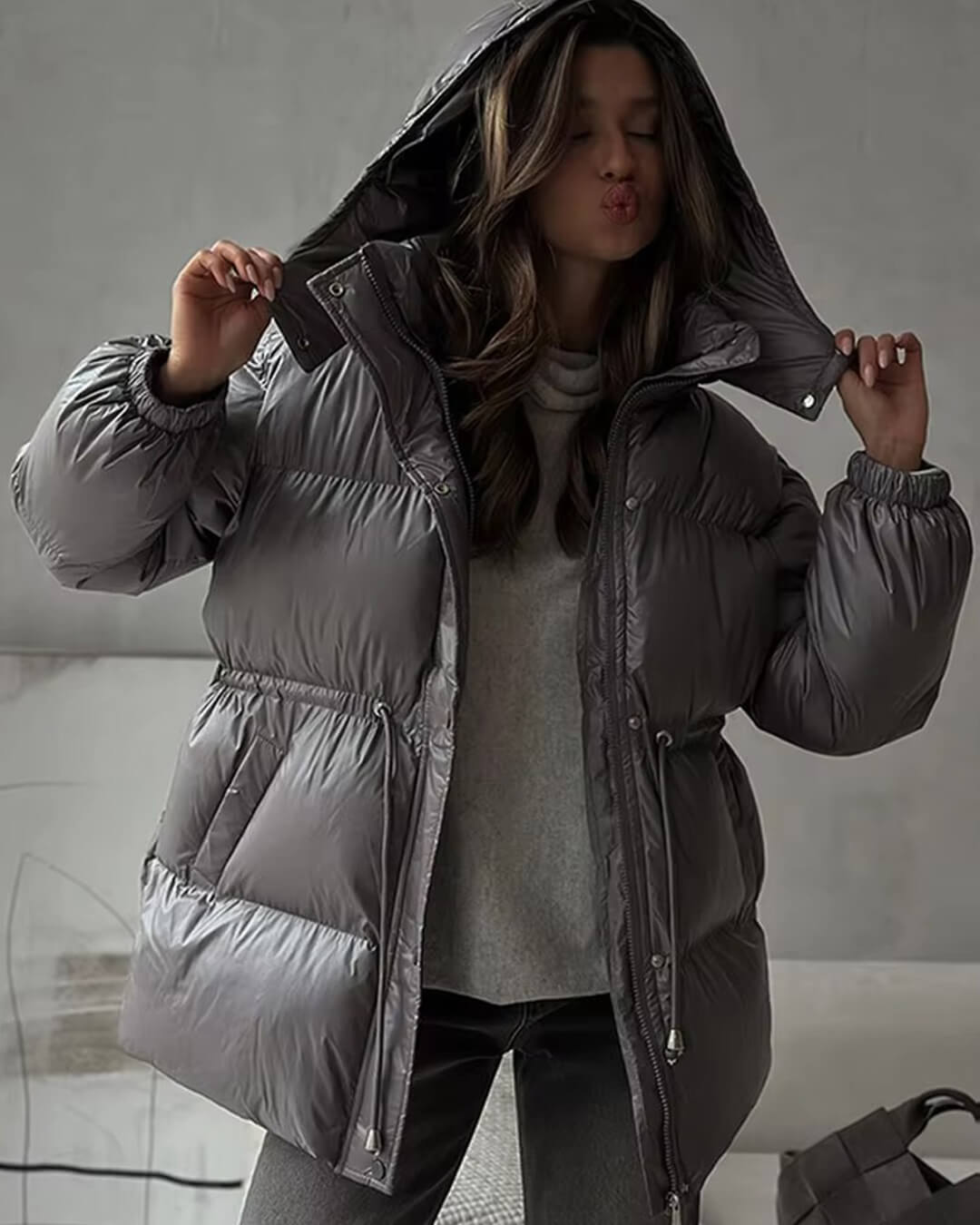 OLANE Drawstring Hooded Puffer Coat Dark GraySWomen's Coats & Jackets