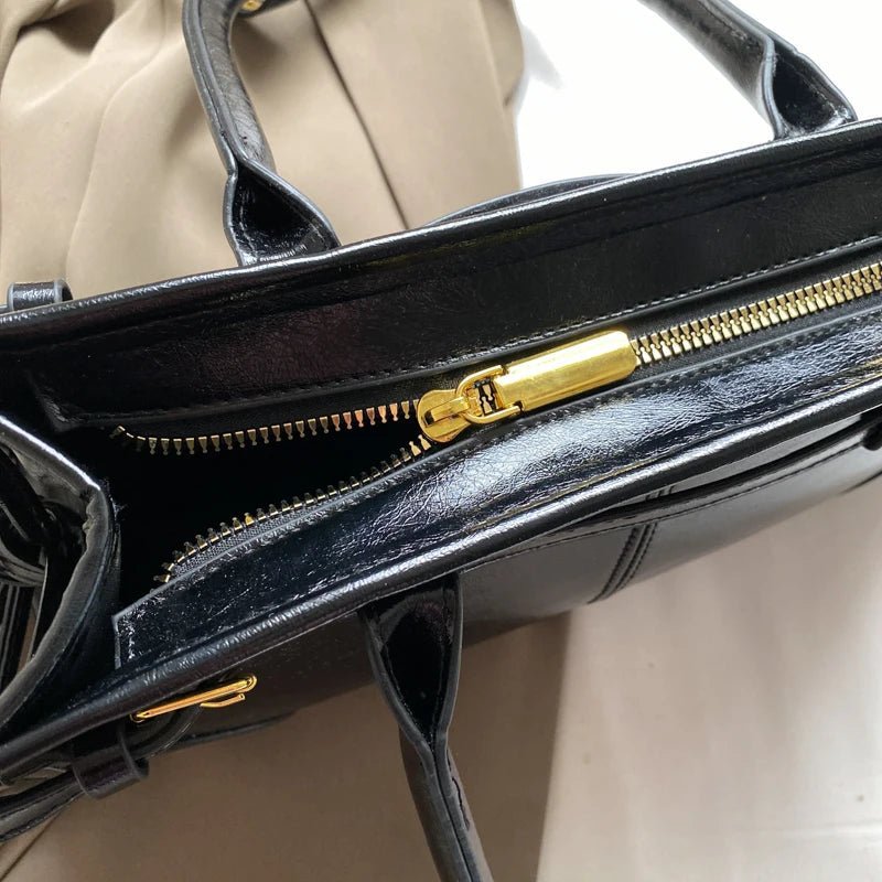 OLANE Edelle Leather Shoulder Bag with Belt Detail BlackHandbags
