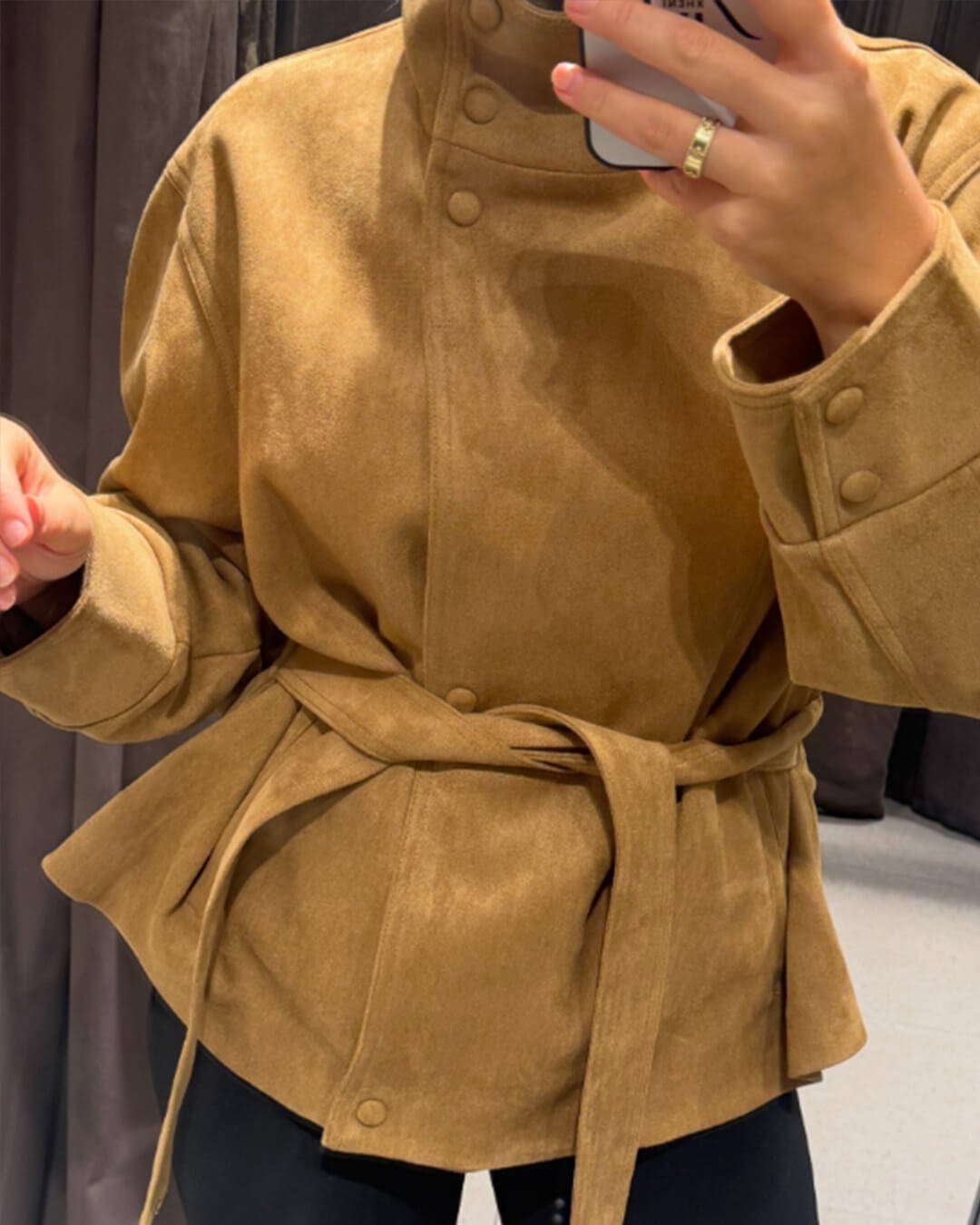 OLANE Elegant Belted Lace-Up Suede Jacket CamelXSJacket