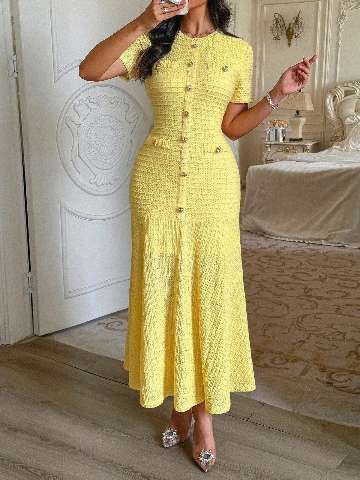 OLANE Elegant Bodycon Flared Midi Dress BrownSDress