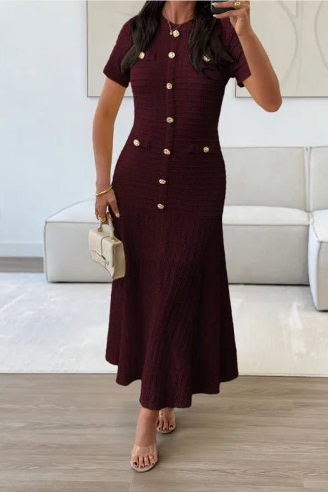 OLANE Elegant Bodycon Flared Midi Dress ClaretSDress