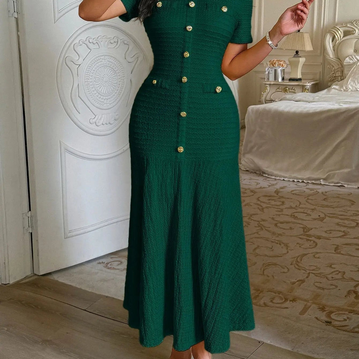 OLANE Elegant Bodycon Flared Midi Dress Dark GreenSDress