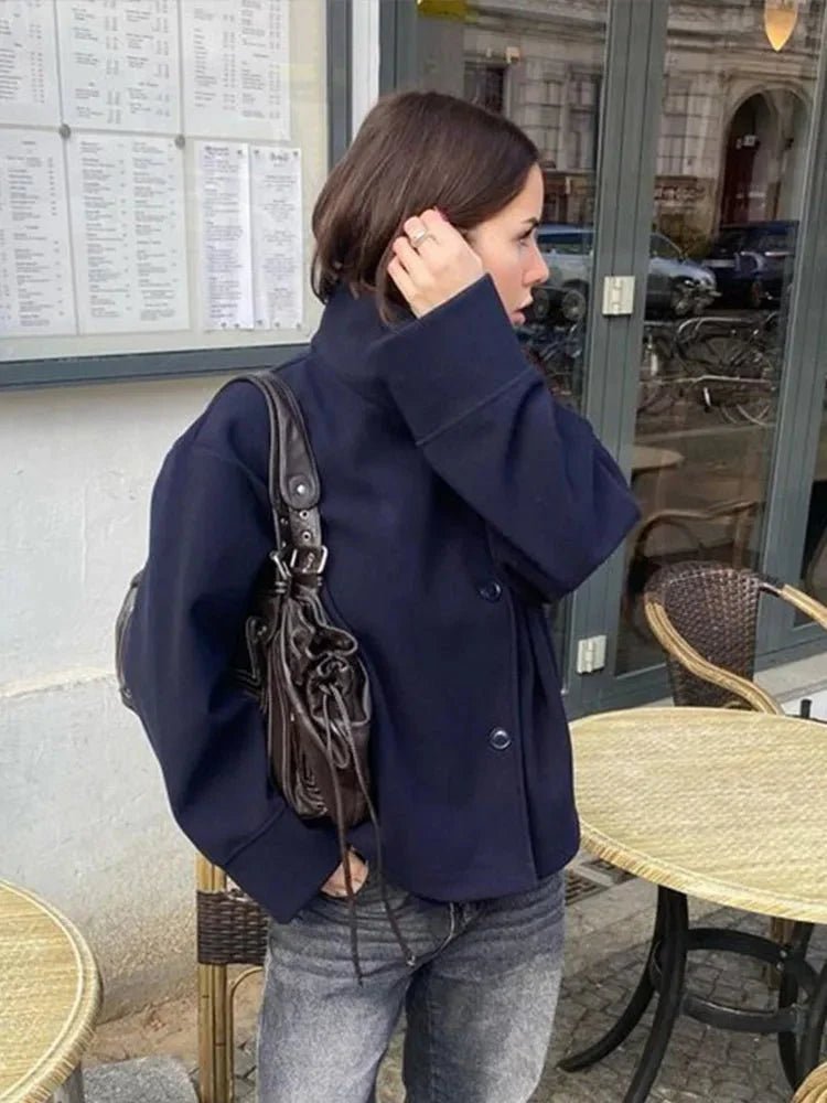 OLANE Elegant Jacket with Stand Collar Navy BlueLWomen's Coats & Jackets