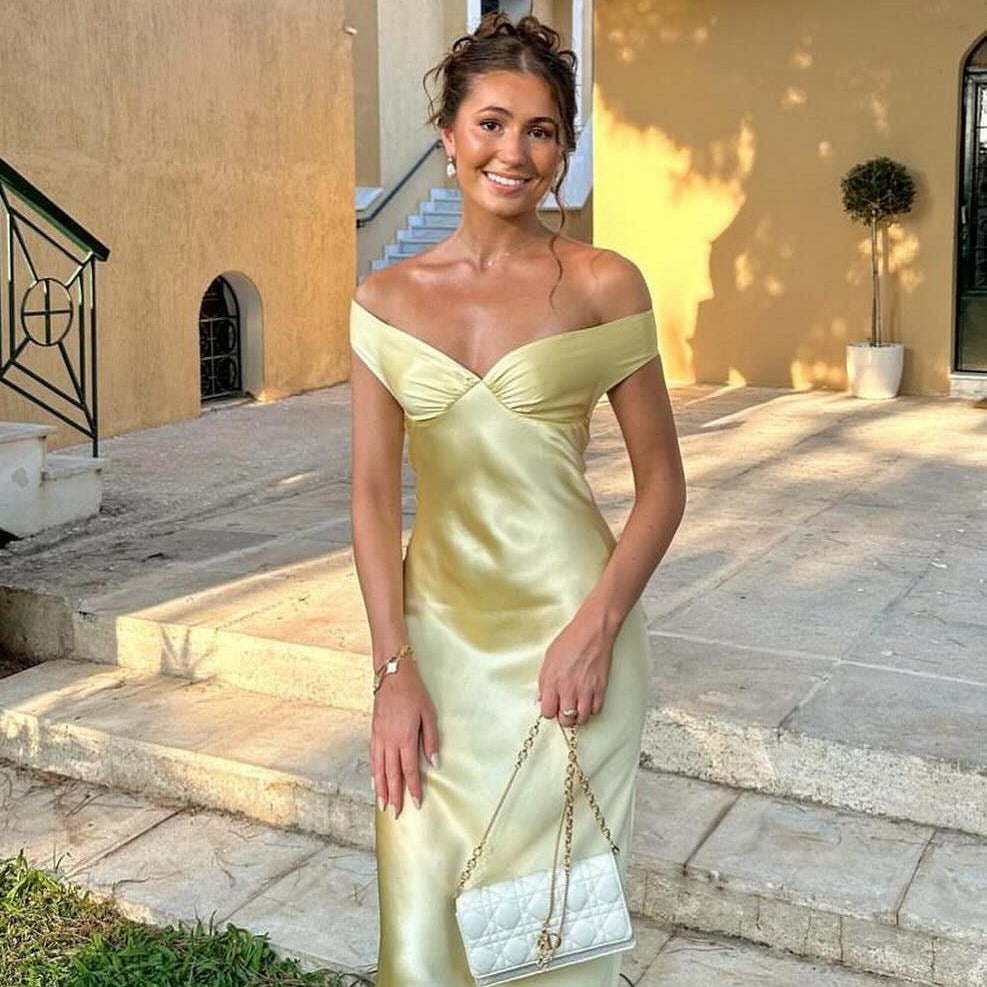 OLANE Elegant Satin Off Shoulder Maxi Dress YellowXSWomen’s Dresses