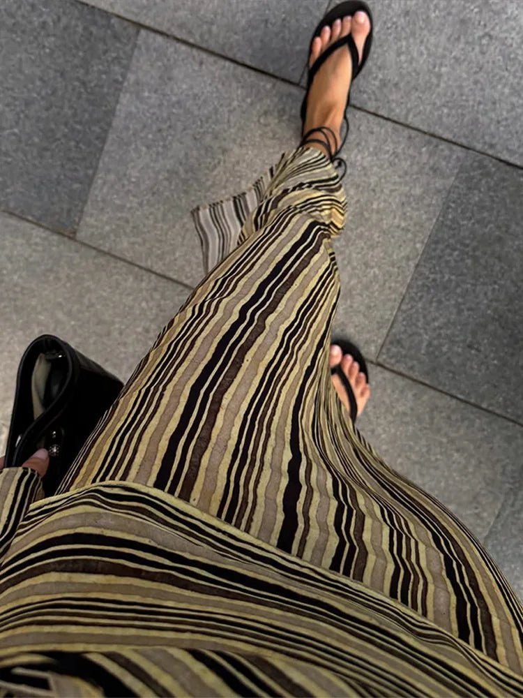 OLANE Elegant Striped Maxi V-Neck Dress SWomen’s Dresses
