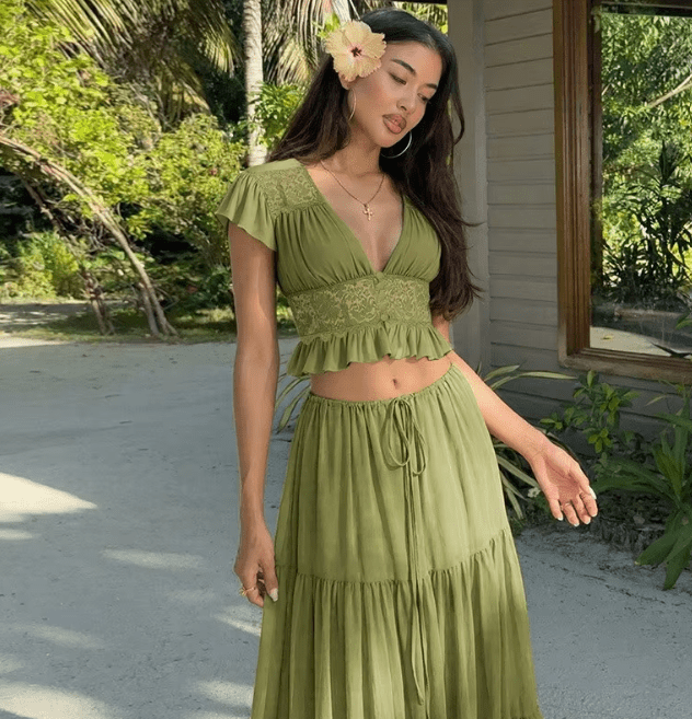 OLANE Ella Lace Crop Top Chiffon Two-Piece Set GreenXSWomen's Sets