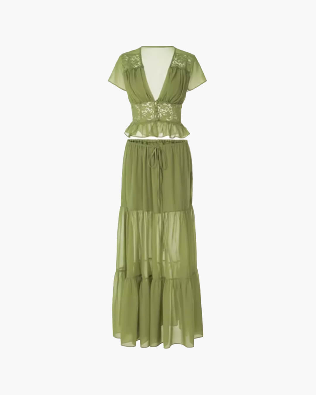 OLANE Ella Lace Crop Top Chiffon Two-Piece Set RedXSWomen's Sets