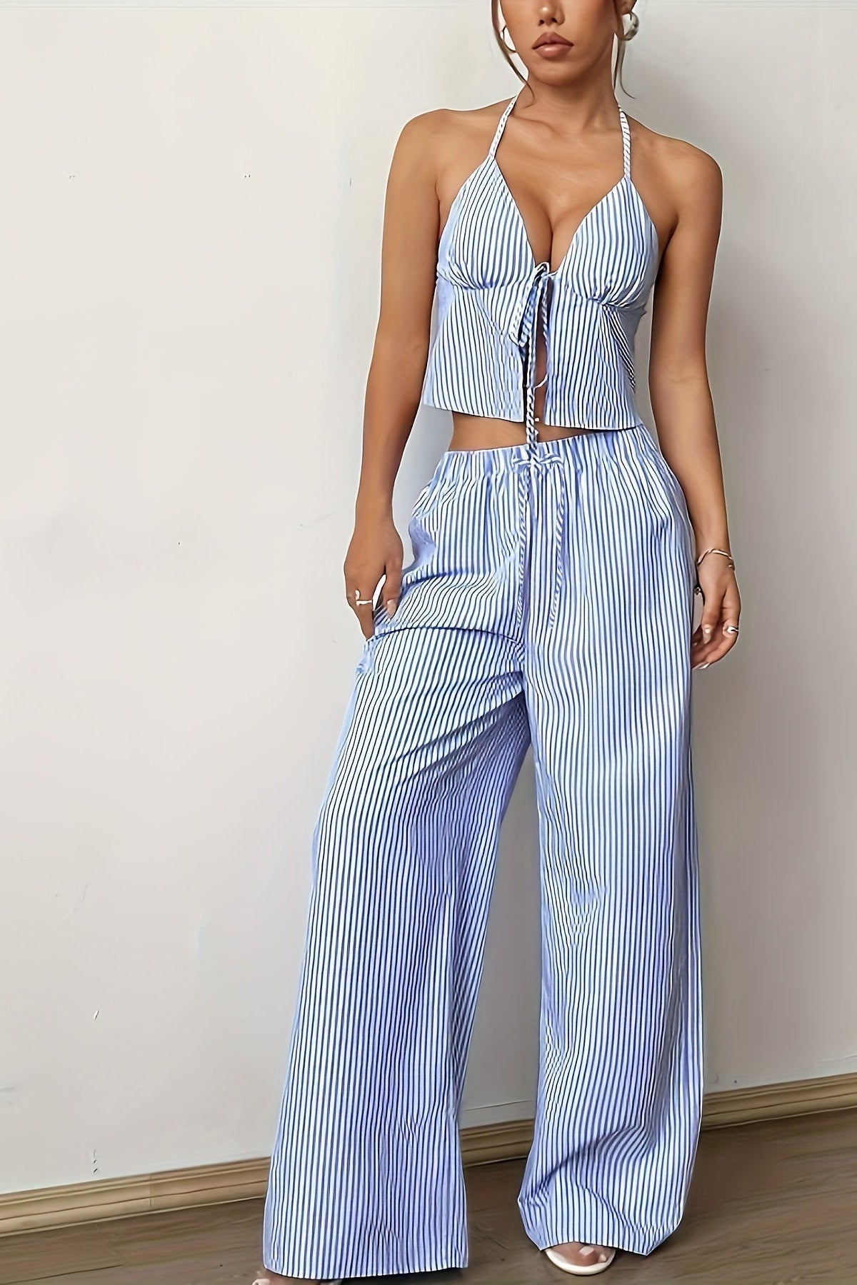 OLANE Emilia Striped Halter Top Set BlueXSWomen's Sets