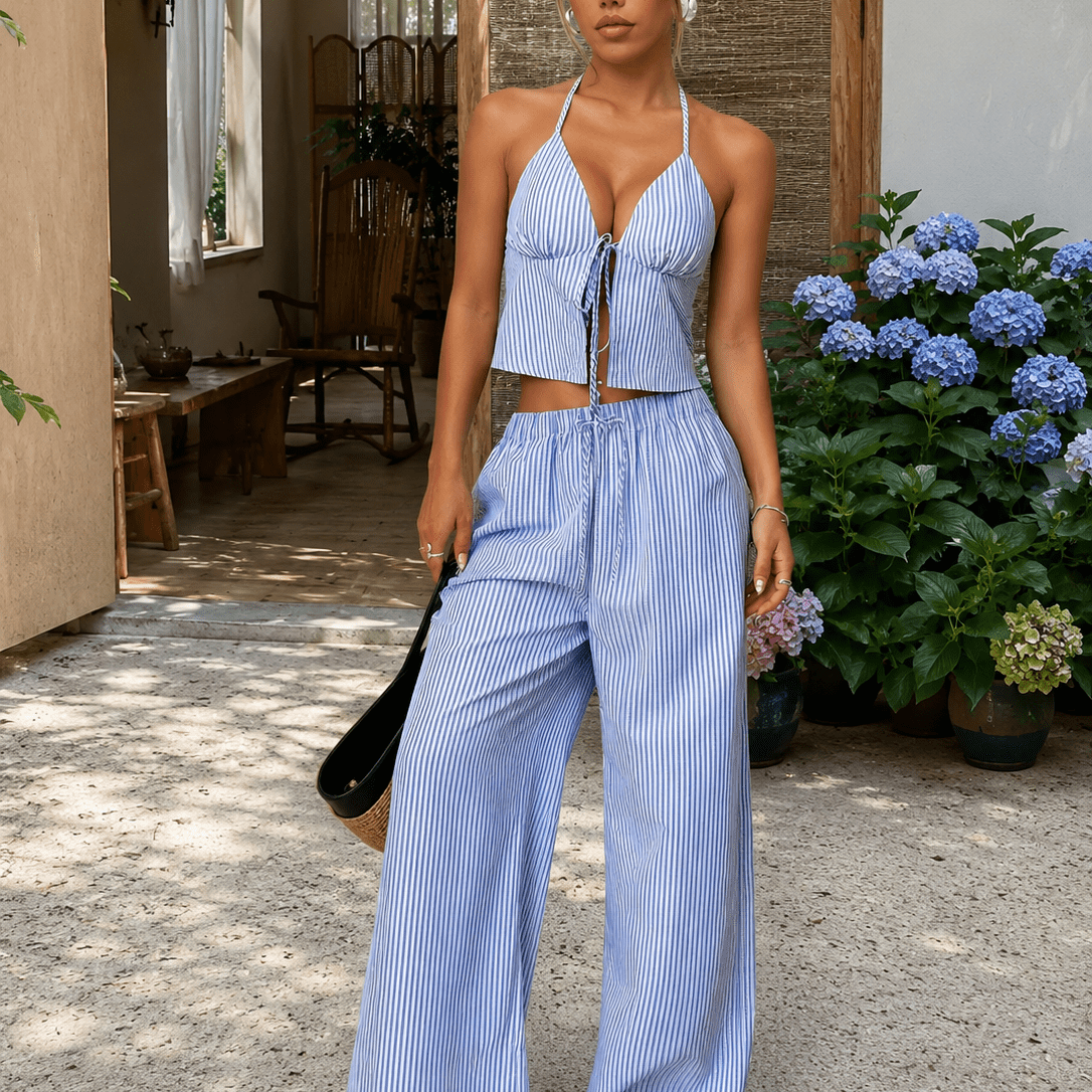 OLANE Emilia Striped Halter Top Set BlueXSWomen's Sets