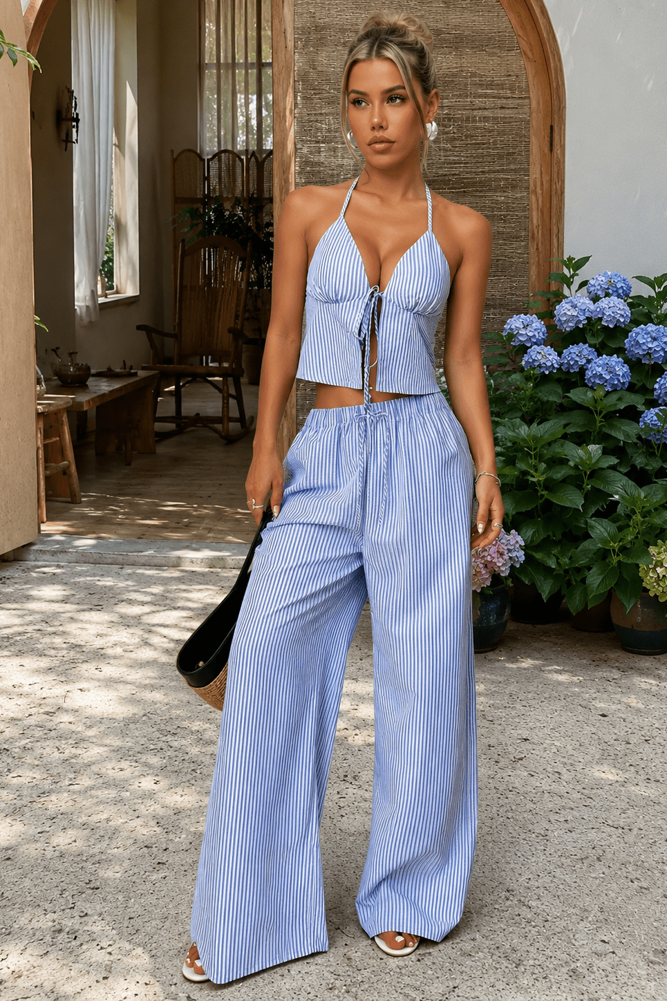 OLANE Emilia Striped Halter Top Set BlueXSWomen's Sets