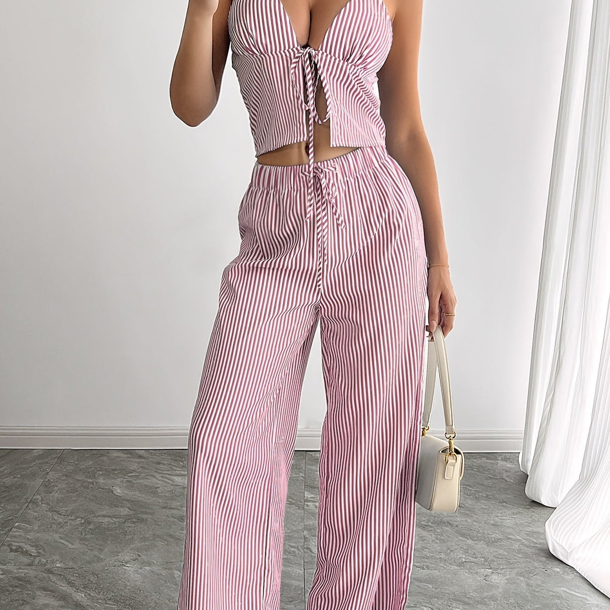 OLANE Emilia Striped Halter Top Set PinkXSWomen's Sets