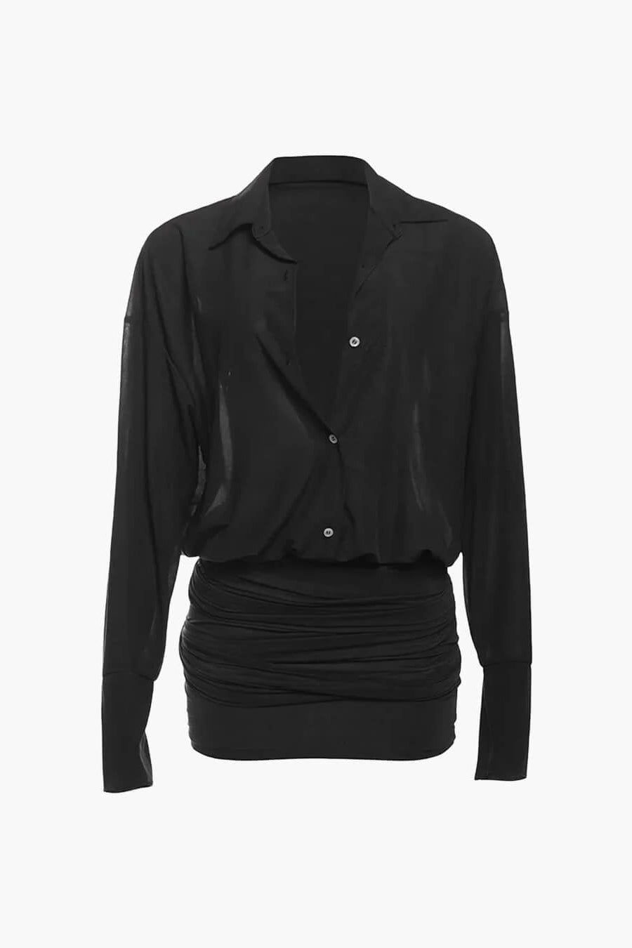 OLANE Eva Long Sleeve Ruched Shirt Dress BlackSWomen's Dresses