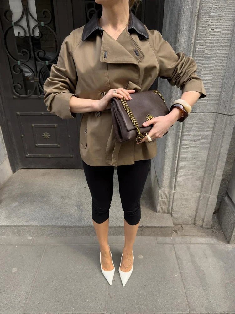 OLANE Faux Leather Collar Belted Trench Coat XSWomen's Coats & Jackets