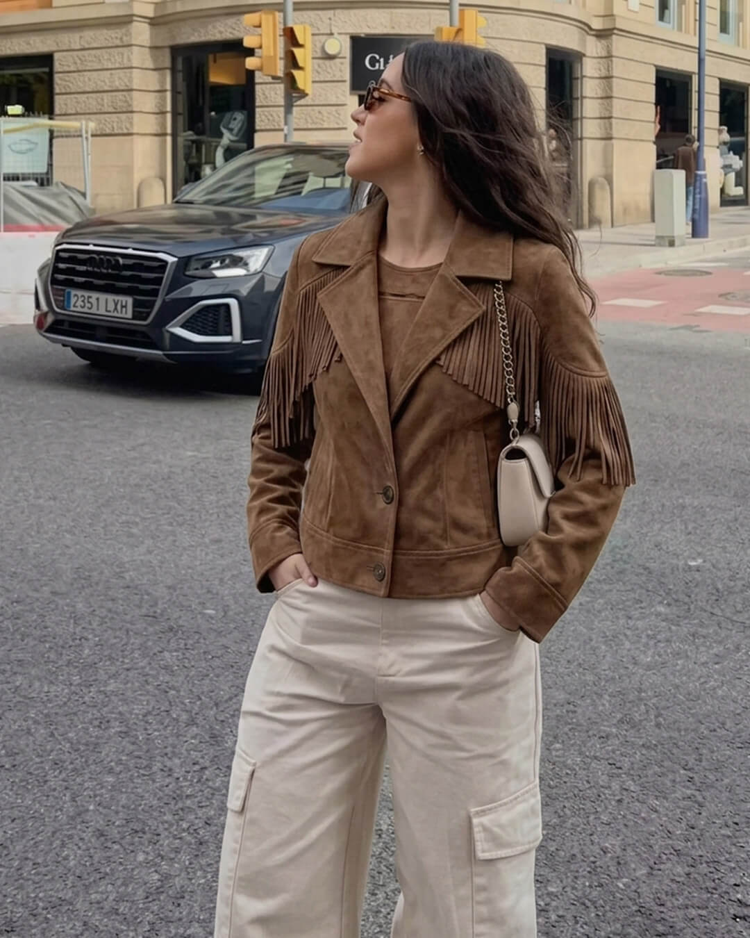 OLANE Faux Suede Lapel Cropped Jacket LWomen's Coats & Jackets