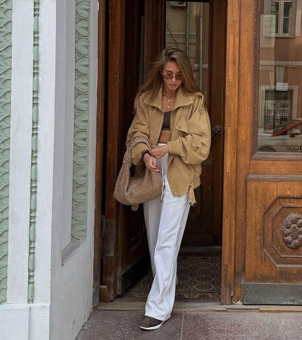 OLANE Faux Suede Oversized Bomber Jacket CamelLJacket