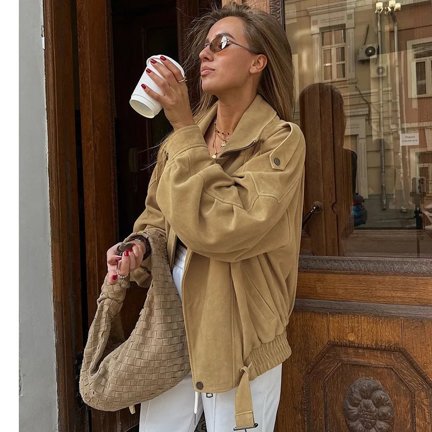 OLANE Faux Suede Oversized Bomber Jacket CamelMJacket