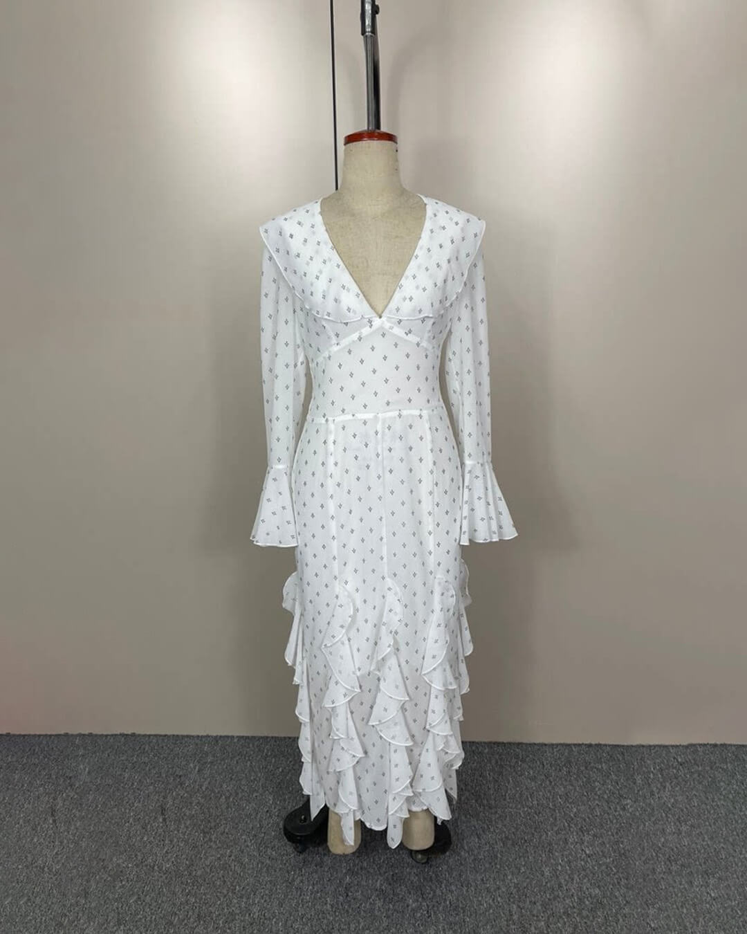 OLANE Flared Sleeve Ruffle Maxi Dress WhiteMWomen’s Dresses