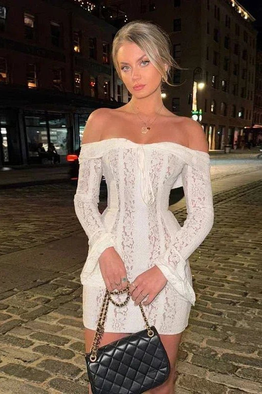 OLANE Flared Sleeves Off-Shoulder Mini Dress WhiteMWomen's Dresses