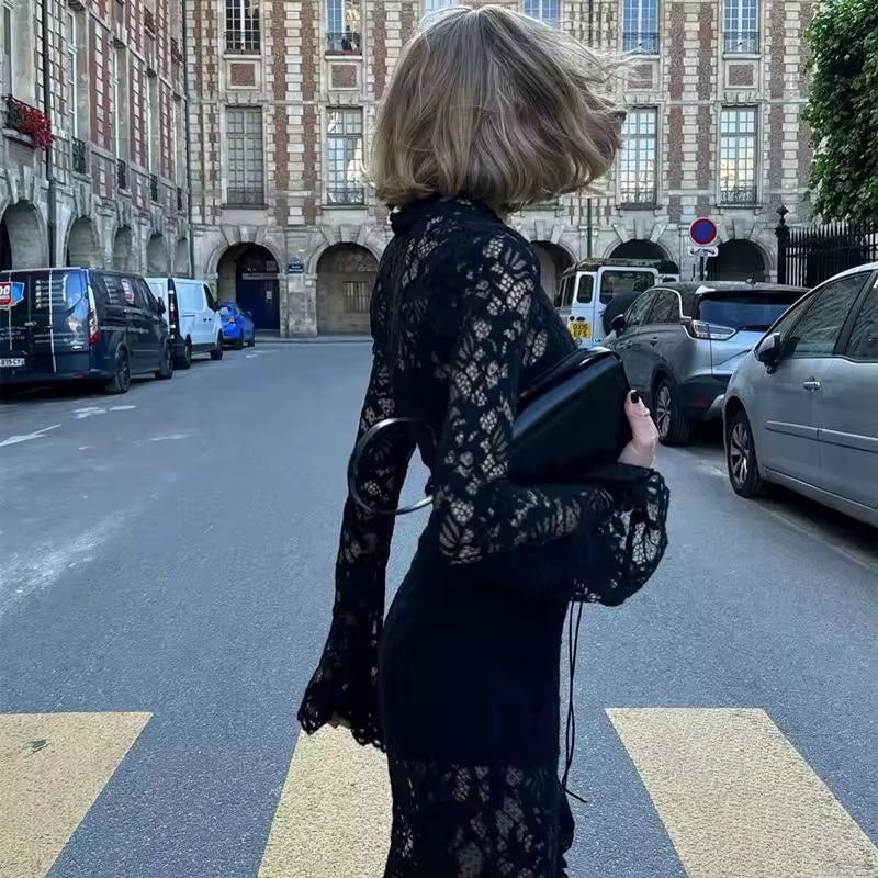 OLANE French Lace Sheer Tie Dress BlackSWomen’s Dresses