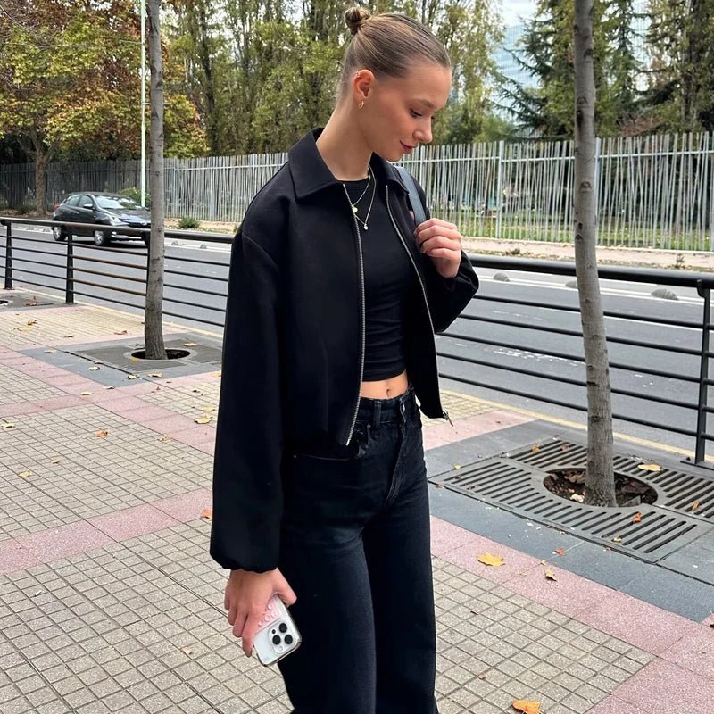 OLANE Front-Zip Puffer Bomber Jacket BlackLWomen's Coats & Jackets